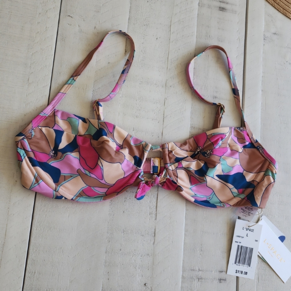 L*space Swim Pink Purple Teal Rose Bikini Top Size Large NWT!